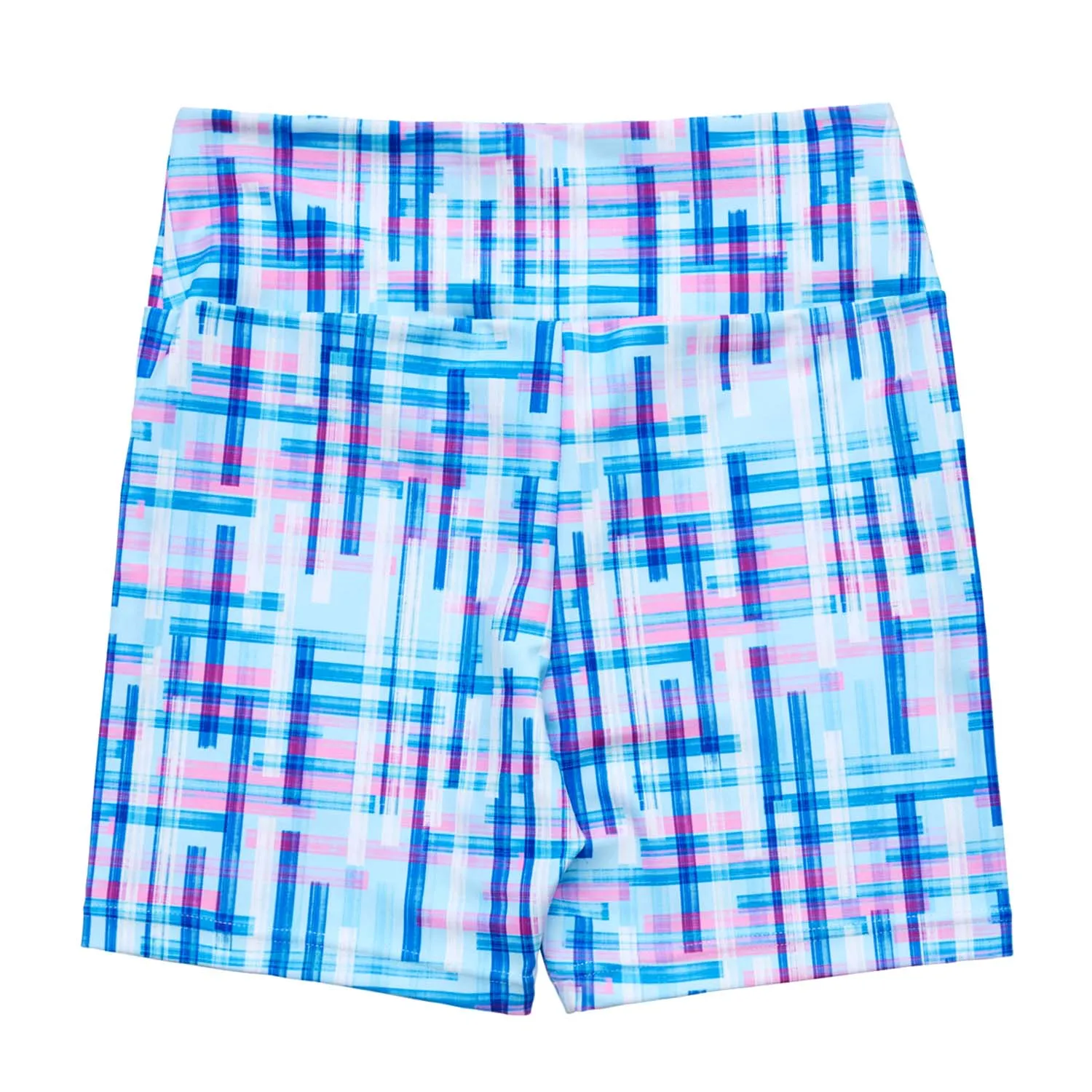Nicole: Midi Length Bike Shorts in Blue Grid Print