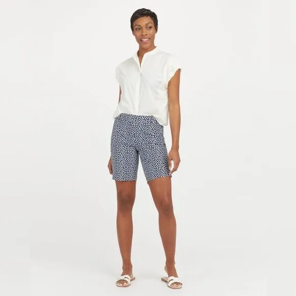 NWT SPANX 10&quot; Polkadot Navy Painted Dot Sunshine Bermuda Quick Dry Shorts