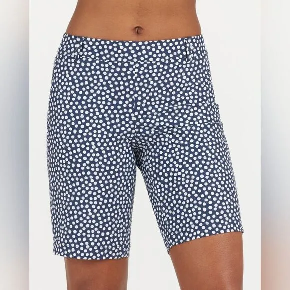 NWT SPANX 10&quot; Polkadot Navy Painted Dot Sunshine Bermuda Quick Dry Shorts