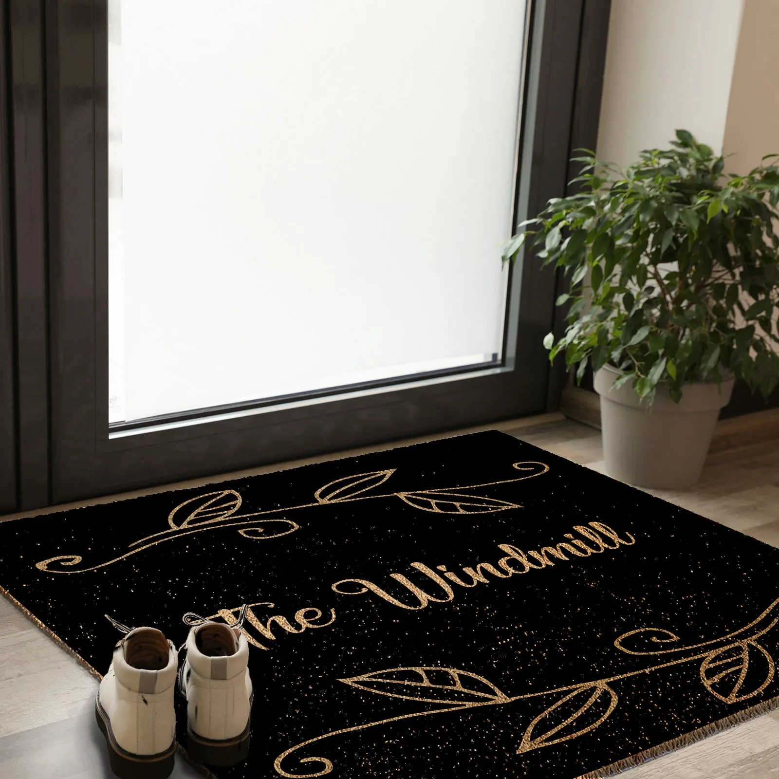 Personalised Doormat - Black Floral Leaf Family Name