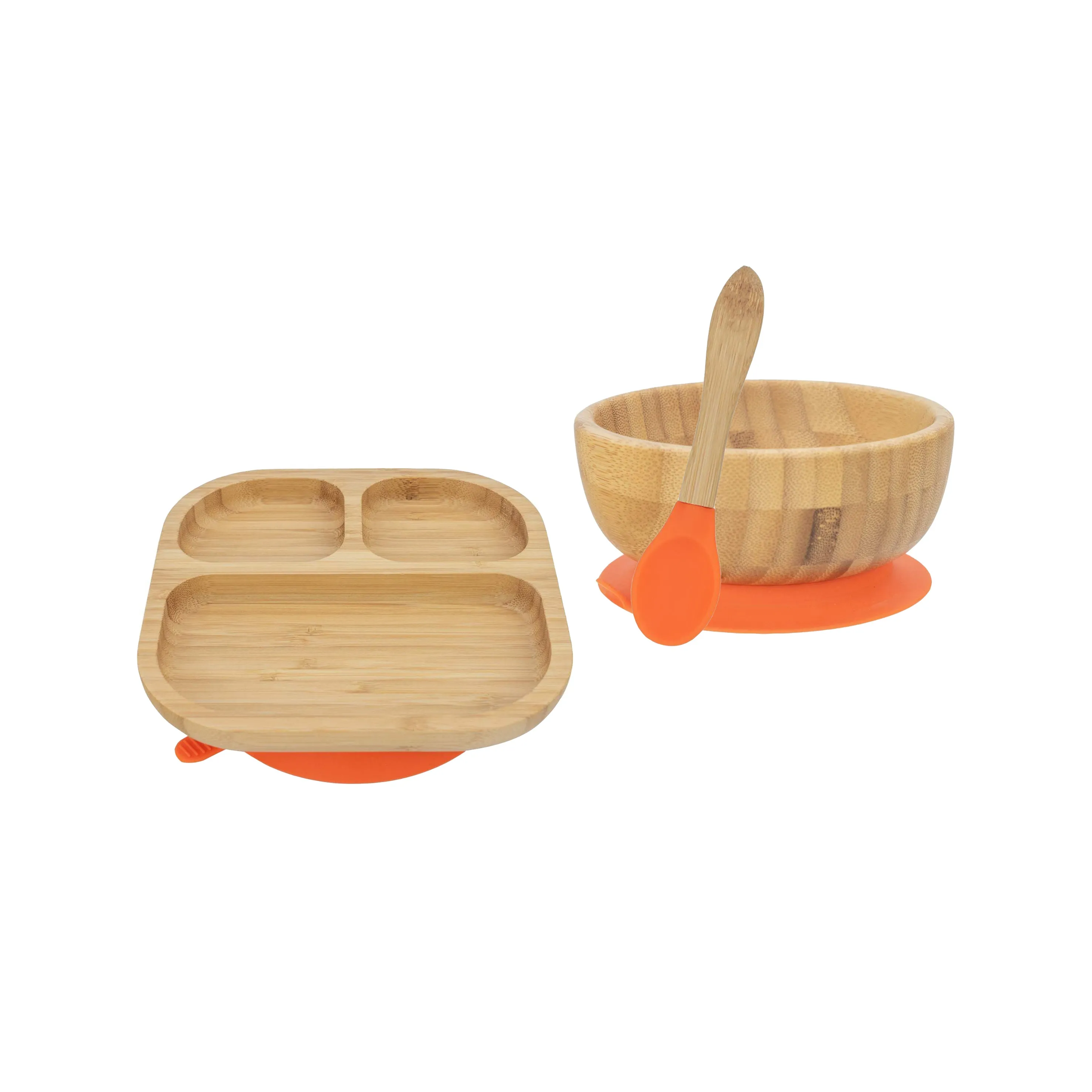 Personalised Wooden Tiny Dining Bamboo Plate, Bowl, and Spoon Set- Orange