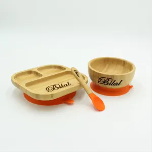 Personalised Wooden Tiny Dining Bamboo Plate, Bowl, and Spoon Set- Orange