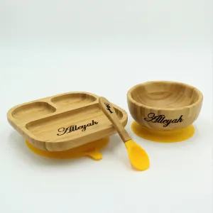 Personalised Wooden Tiny Dining Bamboo Plate, Bowl, and Spoon Set - Yellow