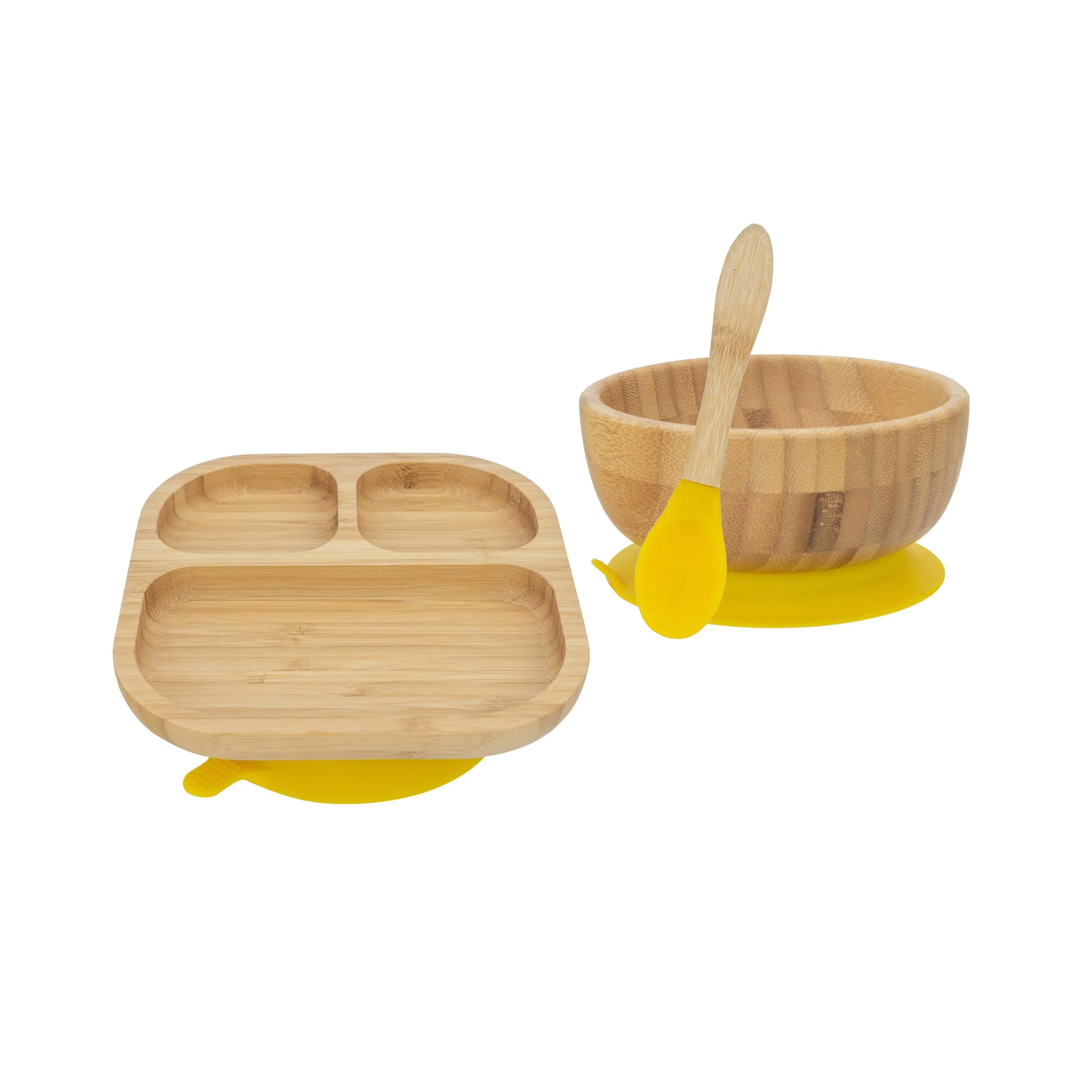 Personalised Wooden Tiny Dining Bamboo Plate, Bowl, and Spoon Set - Yellow