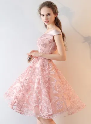 Pink Lace Off Shoulder Short Party Dress Homecoming Dress, Pink Prom Dress Formal Dress