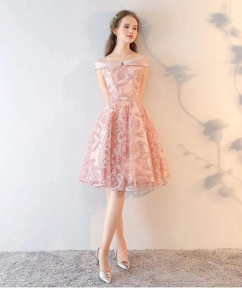 Pink Lace Off Shoulder Short Party Dress Homecoming Dress, Pink Prom Dress Formal Dress