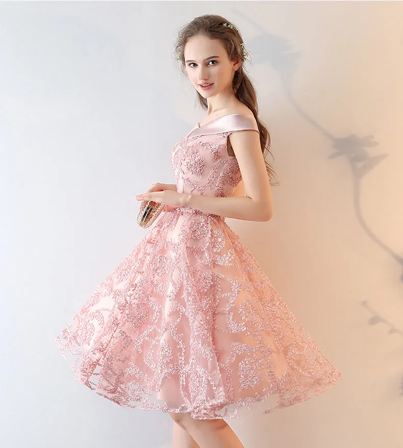 Pink Lace Off Shoulder Short Party Dress Homecoming Dress, Pink Prom Dress Formal Dress