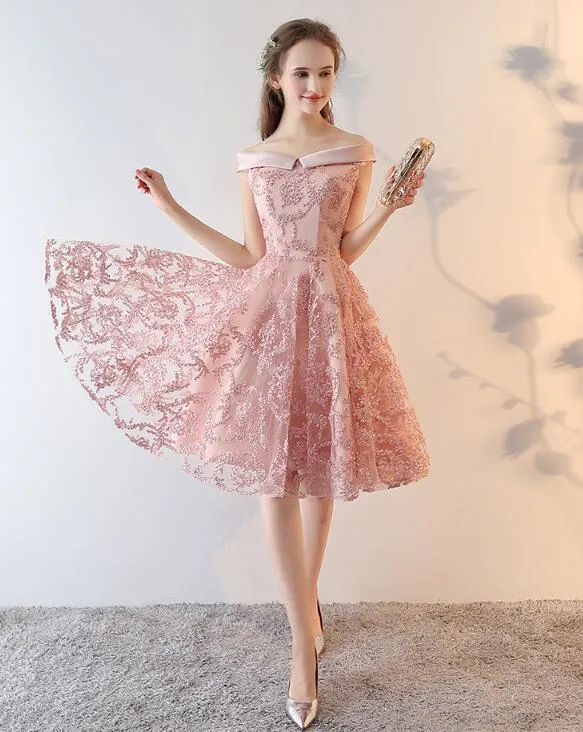 Pink Lace Off Shoulder Short Party Dress Homecoming Dress, Pink Prom Dress Formal Dress