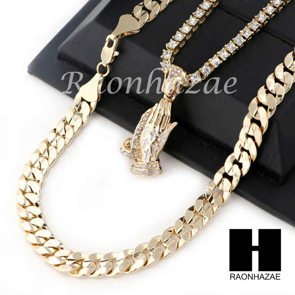 PRAYING HAND TENNIS CHAIN DIAMOND CUT 30" CUBAN LINK CHAIN NECKLACE S45