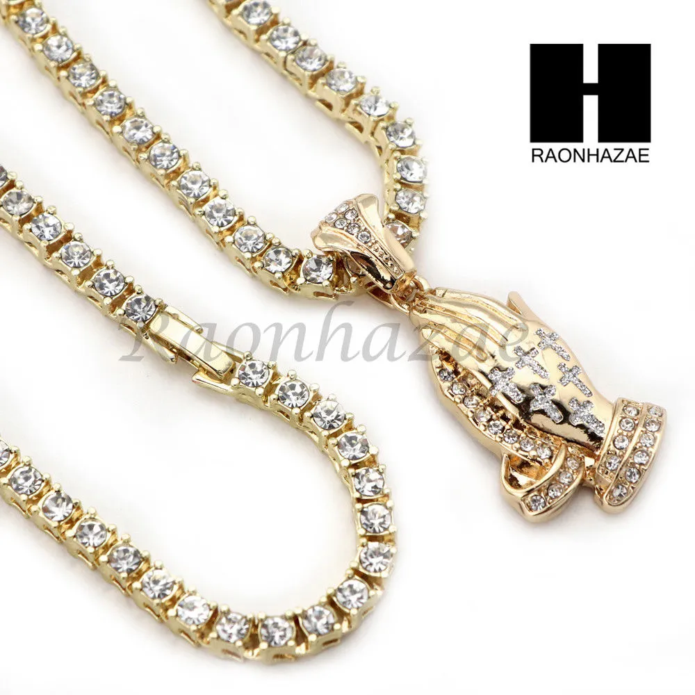 PRAYING HAND TENNIS CHAIN DIAMOND CUT 30" CUBAN LINK CHAIN NECKLACE S45