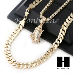 PRAYING HAND TENNIS CHAIN DIAMOND CUT 30" CUBAN LINK CHAIN NECKLACE S45