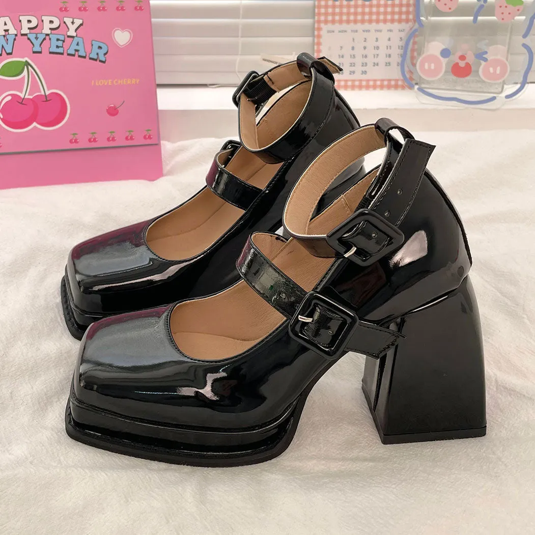 Pu Buckle Chunky Heels Shoes