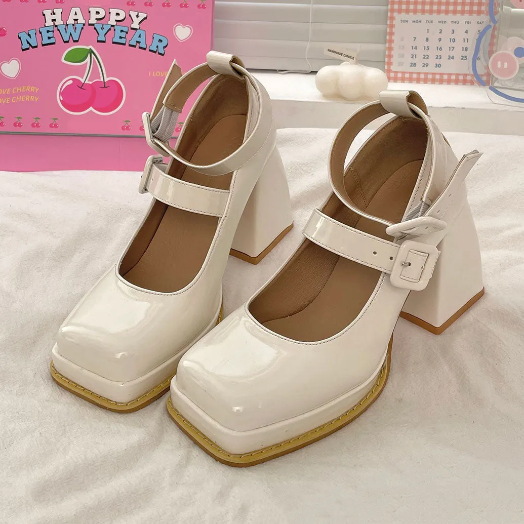 Pu Buckle Chunky Heels Shoes
