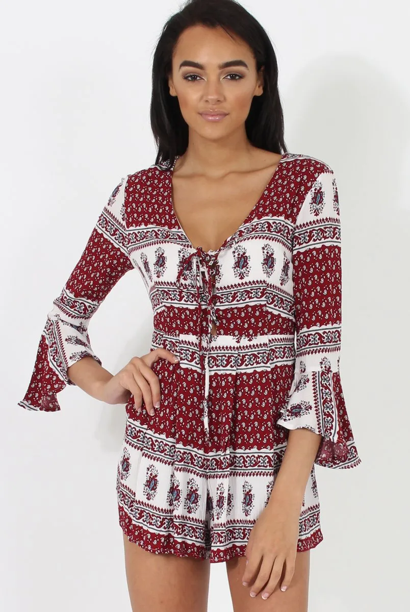 Red Print Low Cut Playsuit - Enya