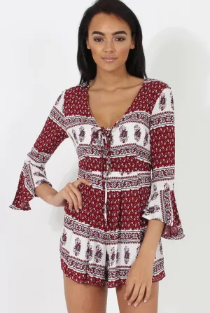 Red Print Low Cut Playsuit - Enya