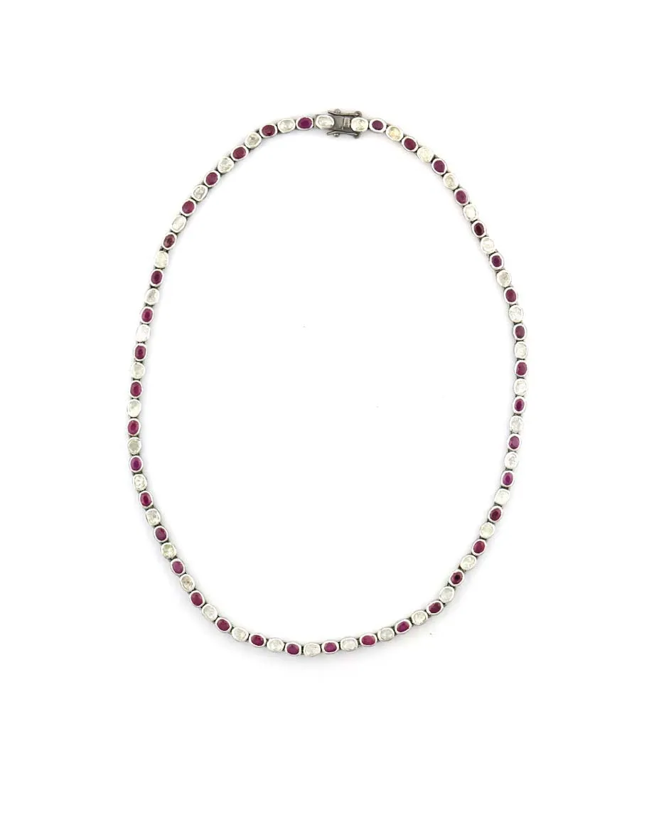 Silver Polki Diamond & Ruby Tennis Necklace