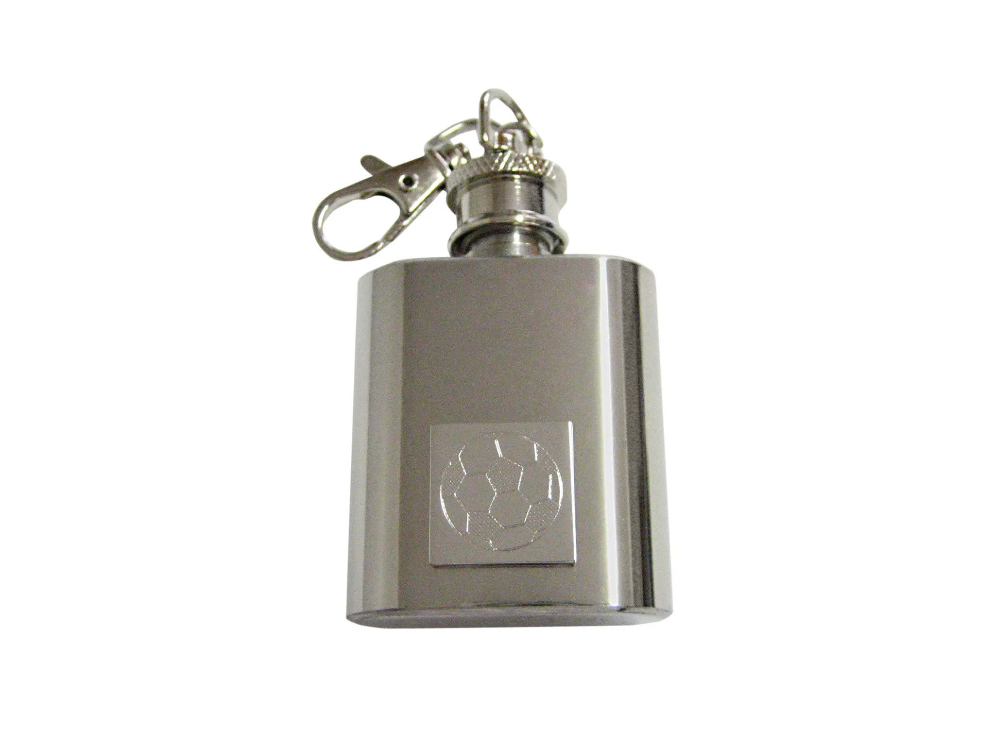 Silver Toned Etched Soccer Ball 1 Oz. Stainless Steel Key Chain Flask