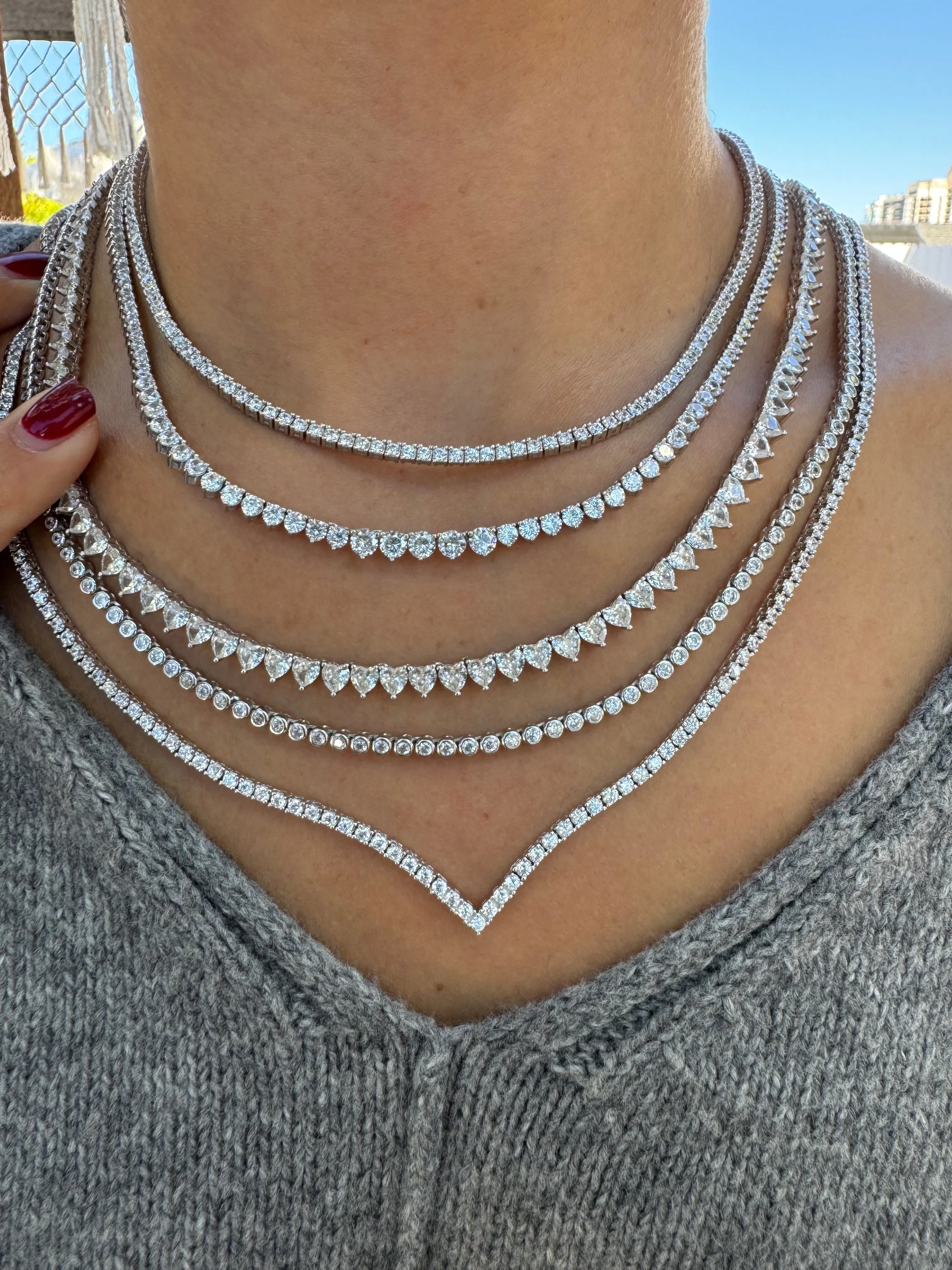Sterling silver V shape cz diamond tennis necklace