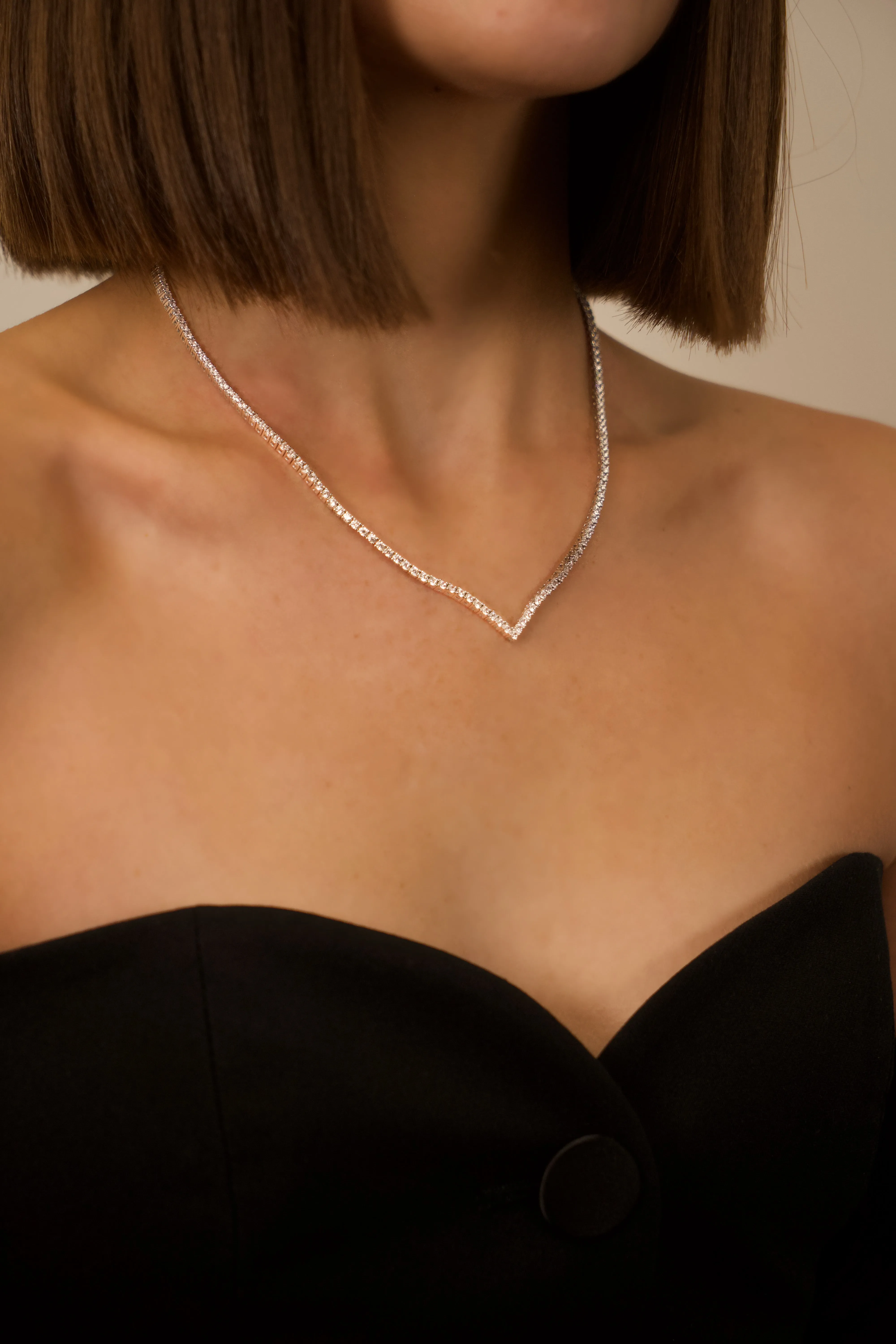 Sterling silver V shape cz diamond tennis necklace
