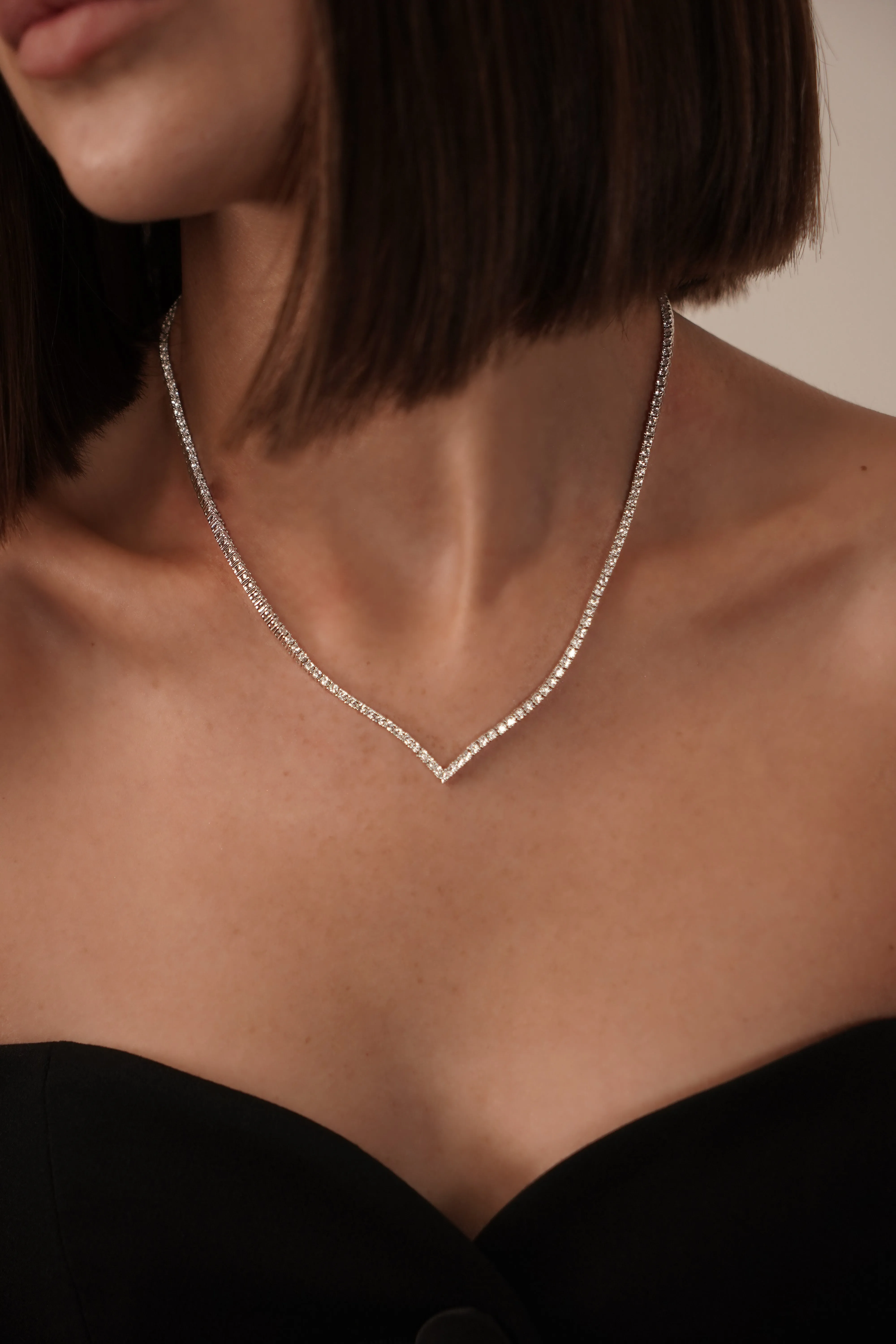 Sterling silver V shape cz diamond tennis necklace