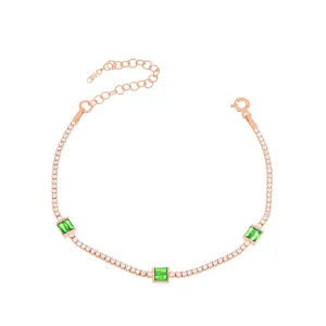 Three Baguette Cut Tennis Bracelet - Rose Gold Green And White