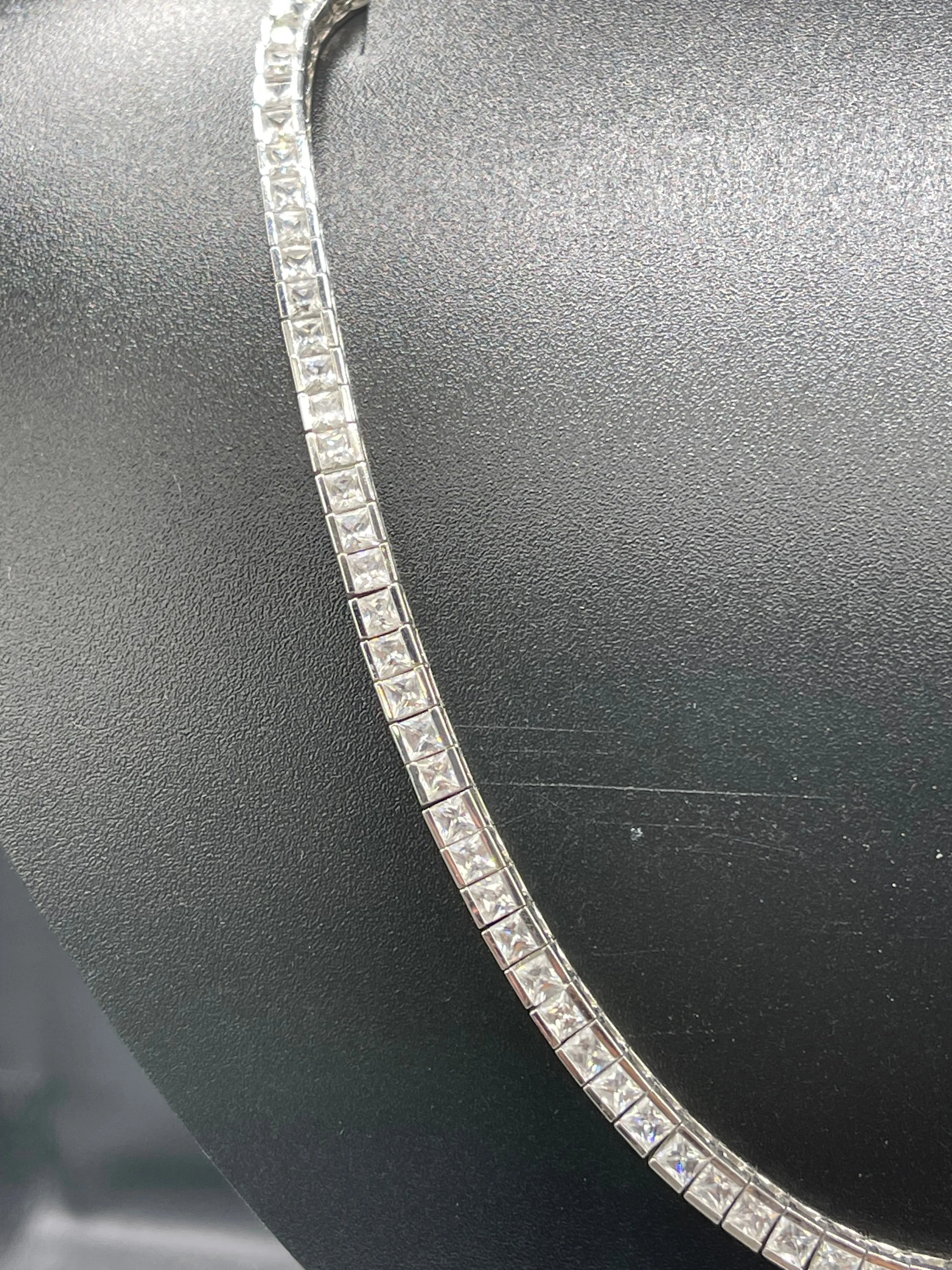 Unisex Cubic Zirconia Sterling Silver Tennis Necklace - 15.5 Inches