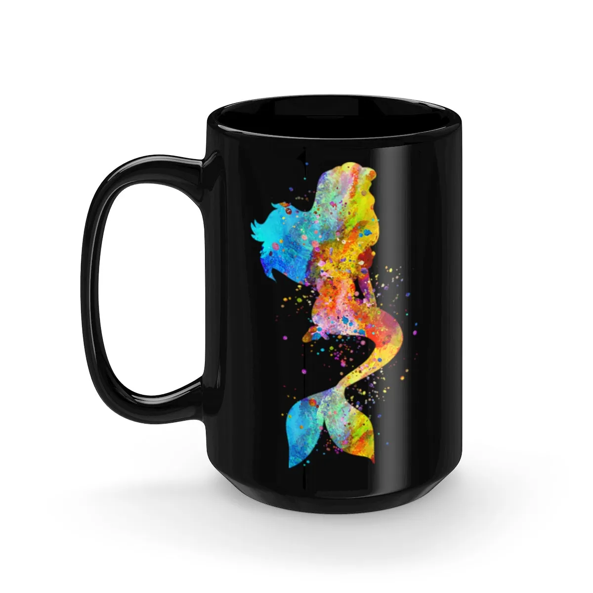 Watercolor Mermaid Black Mug 15oz