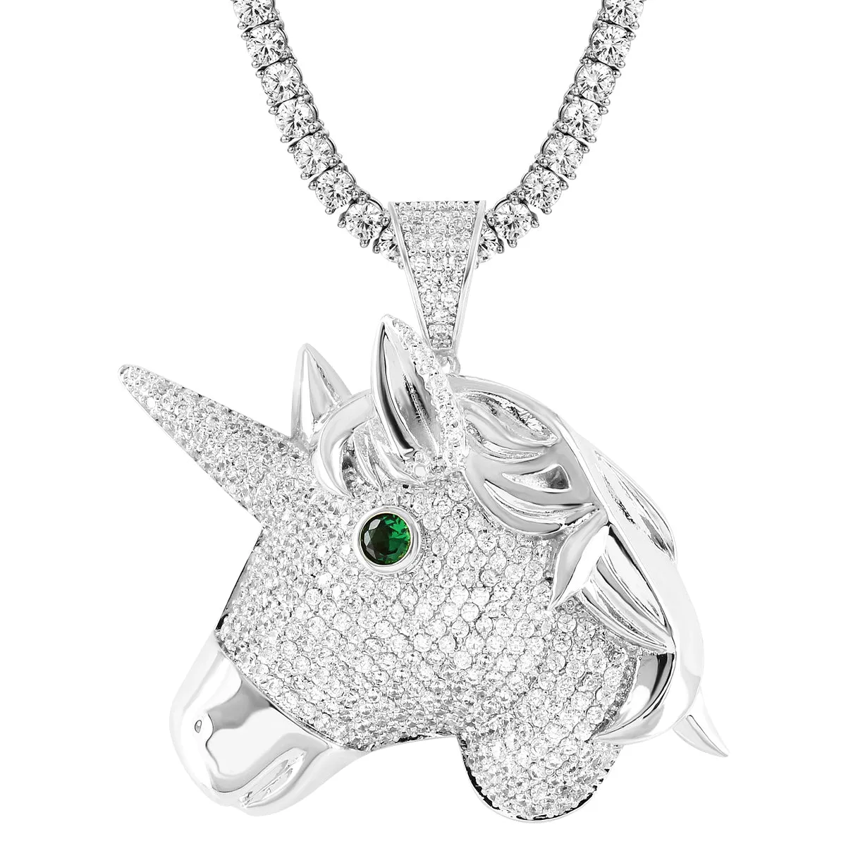 White Blessed Unicorn Emerald Eye Royal Pendant 24" Chain