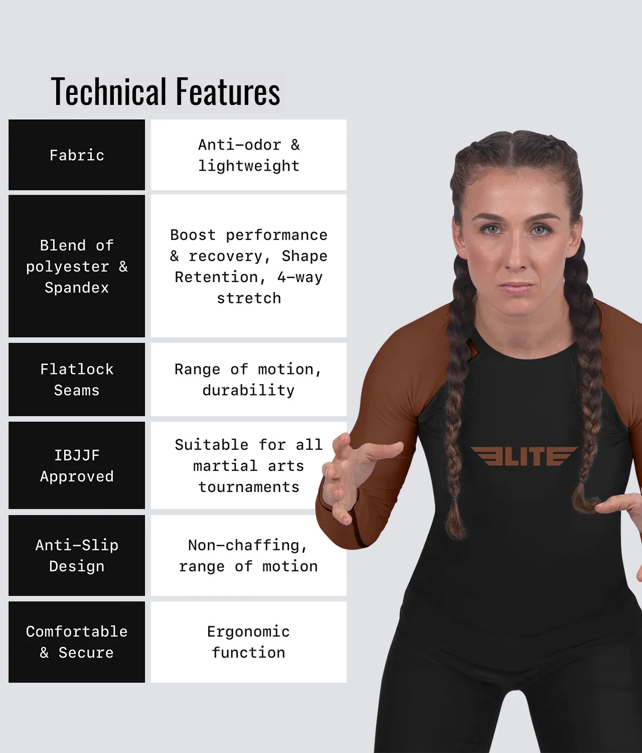 Women's Standard Brown Long Sleeve MMA Rash Guard