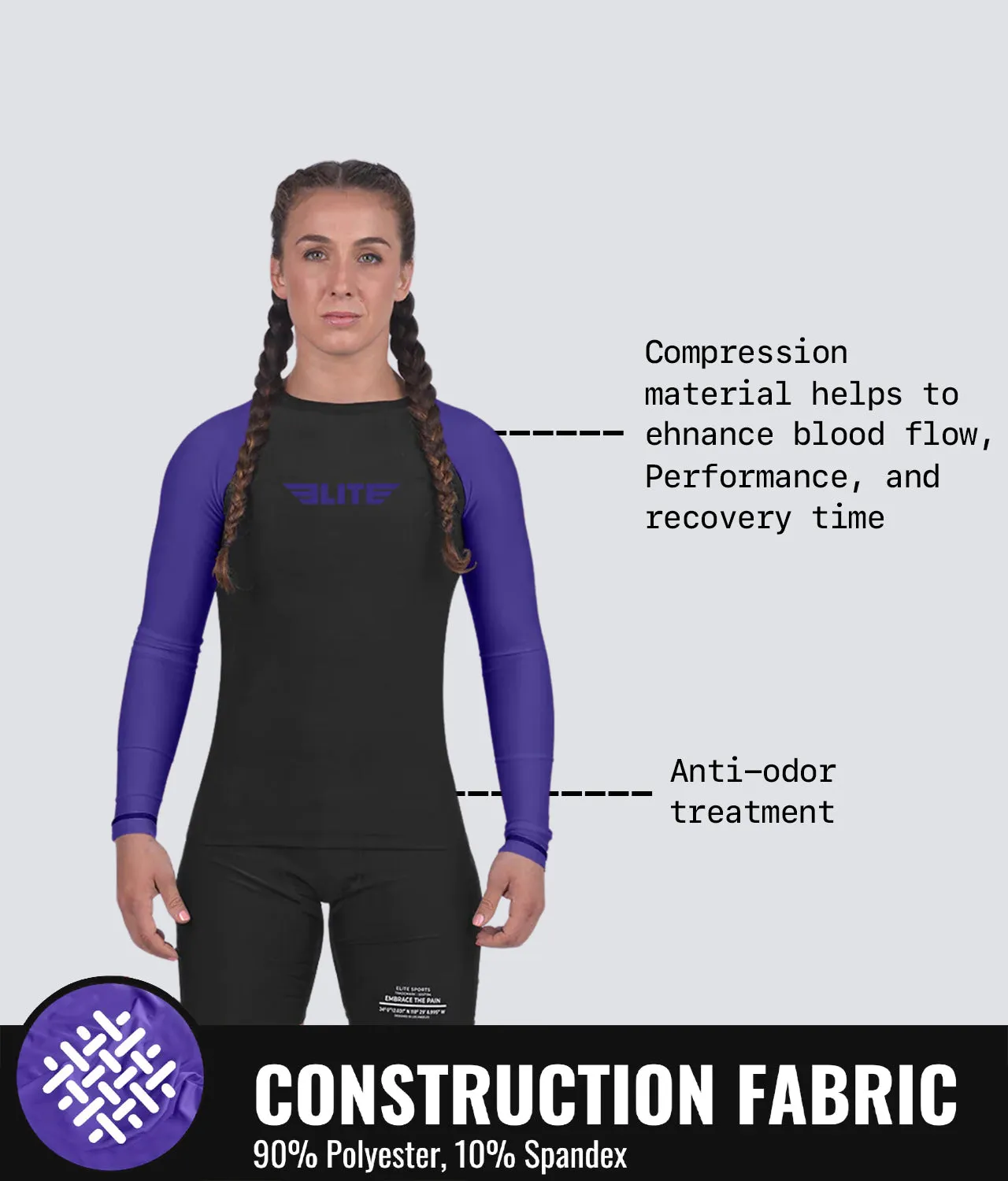 Women's Standard Purple Long Sleeve No-Gi BJJ Rash Guard