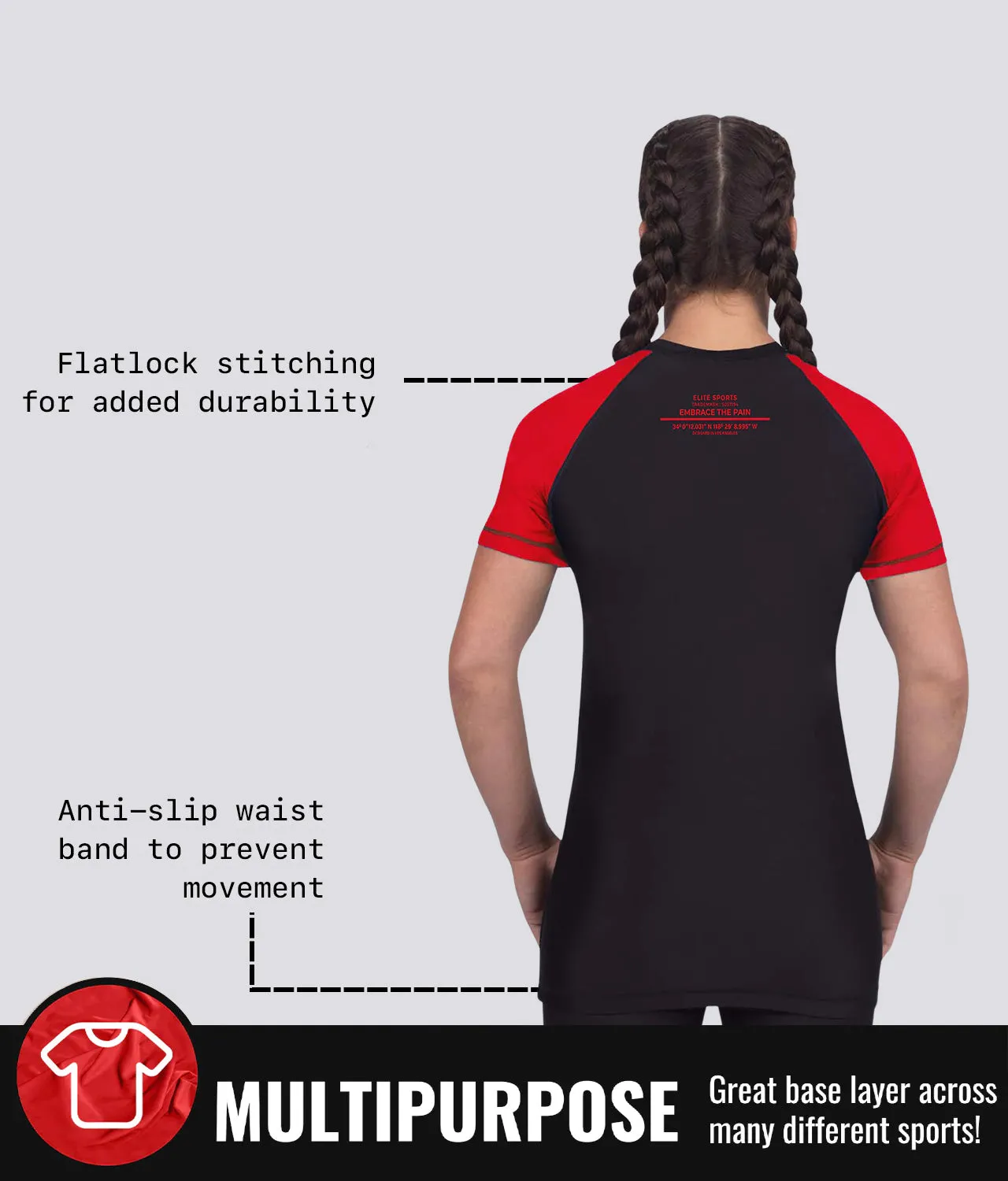 Women's Standard Red Short Sleeve No-Gi BJJ Rash Guard