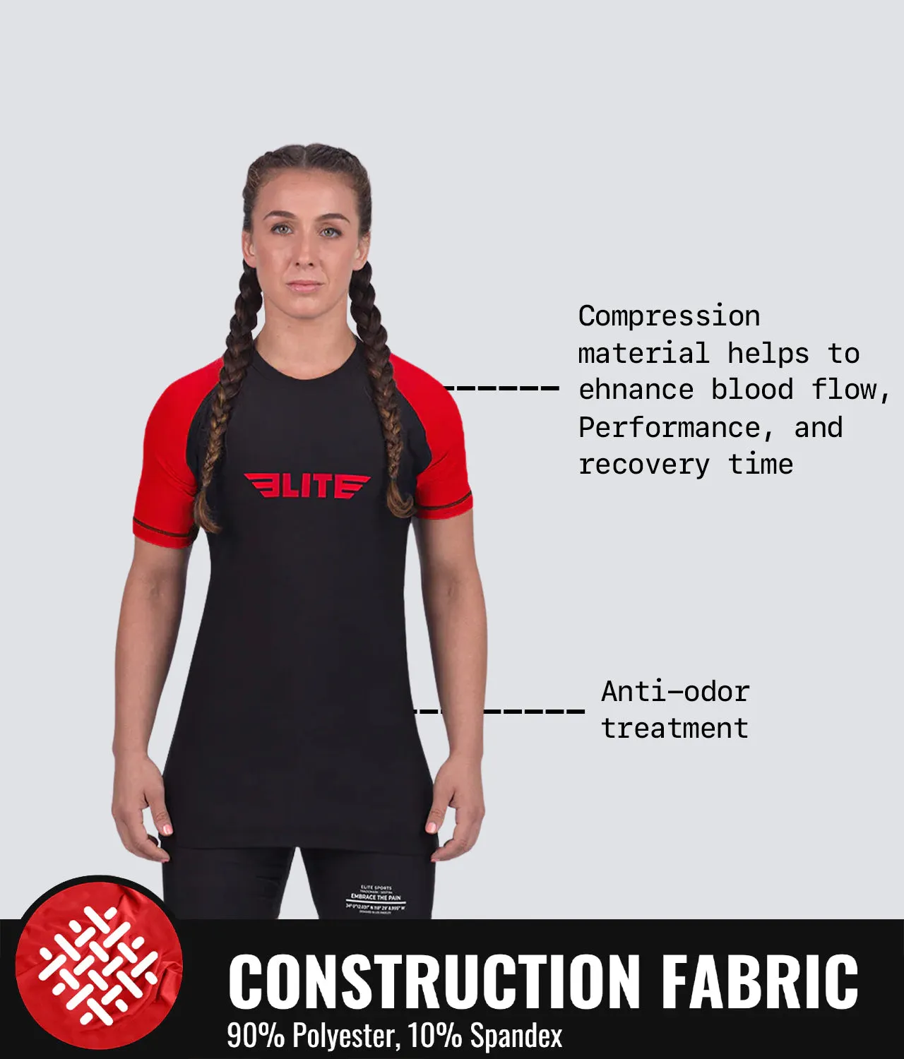 Women's Standard Red Short Sleeve No-Gi BJJ Rash Guard